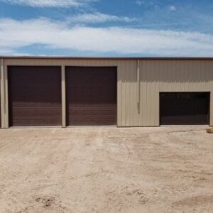 Metal building with garage doors
